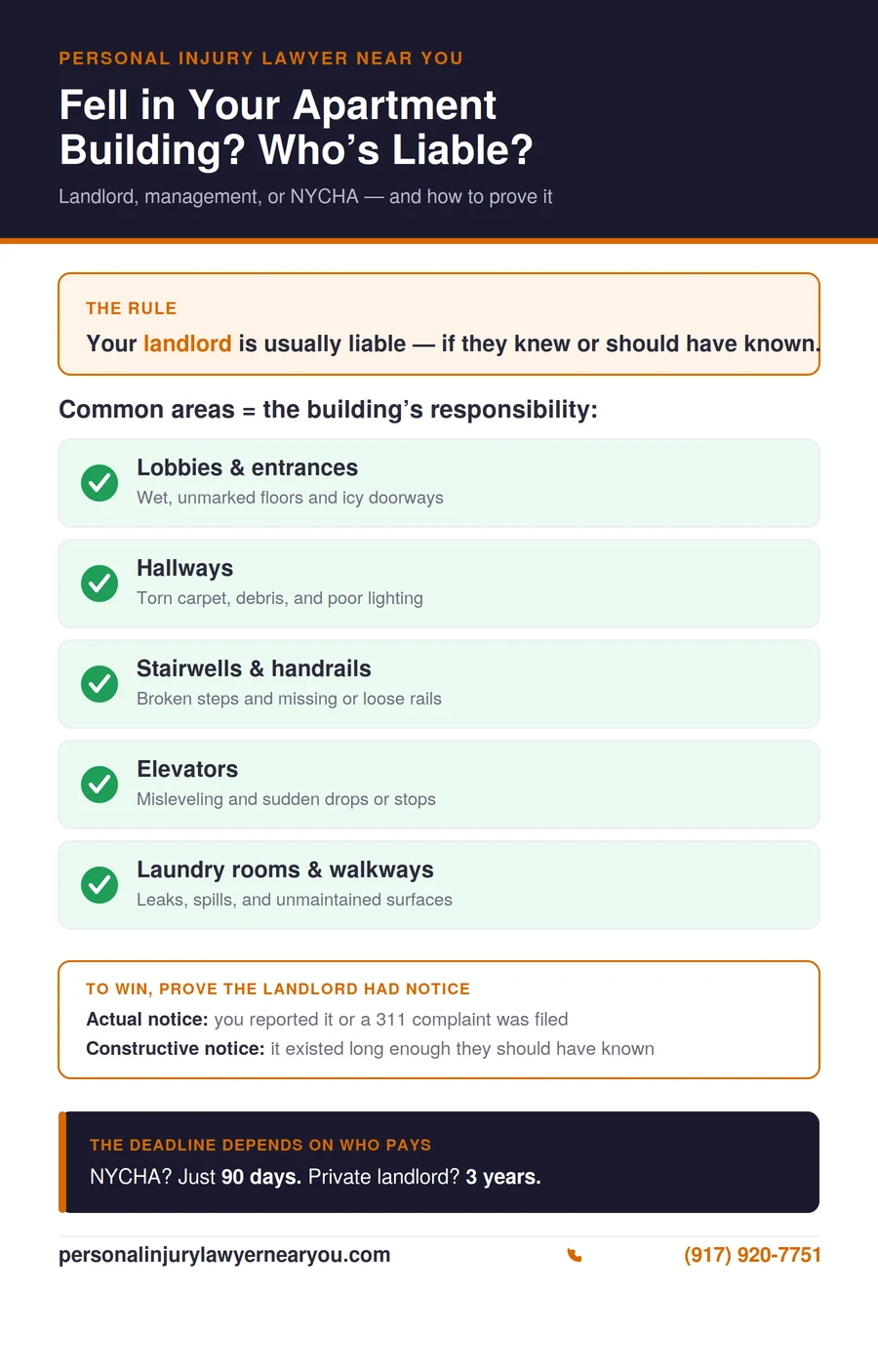 Who is liable for an apartment slip and fall in NYC — landlord and management for common areas, plus the notice rule and deadlines