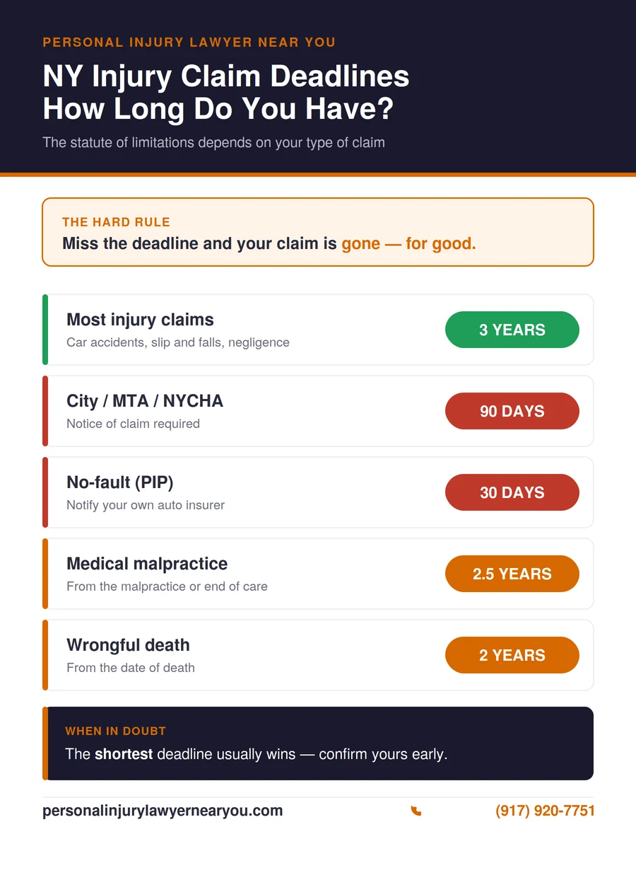 New York personal injury statute of limitations deadlines — 3 years general, 90 days for city claims, 30 days for no-fault