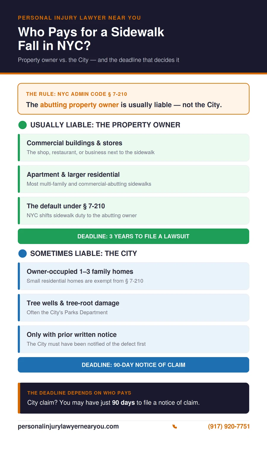 Who is liable for a sidewalk slip and fall in NYC — property owner vs the City under Administrative Code 7-210