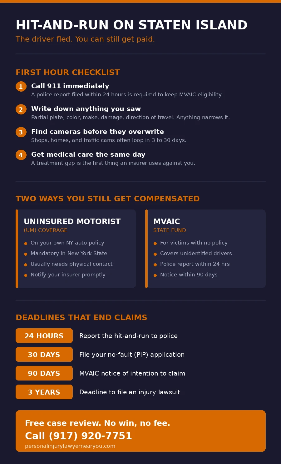 Infographic: what to do after a hit and run accident on Staten Island, the uninsured motorist and MVAIC compensation paths, and the 24-hour, 30-day, 90-day and 3-year deadlines