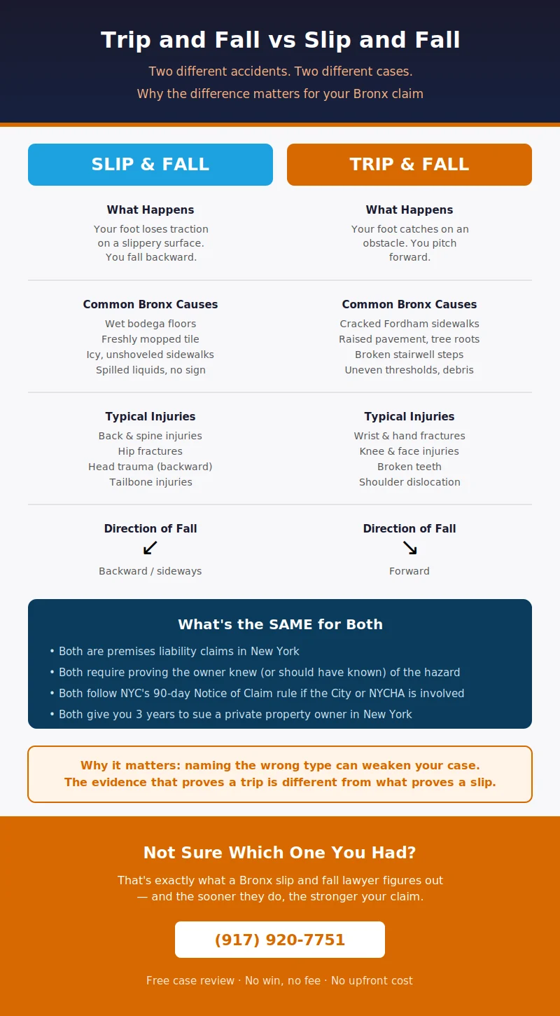 Infographic comparing trip and fall vs slip and fall in the Bronx — what happens, common causes, typical injuries, and what's the same for both