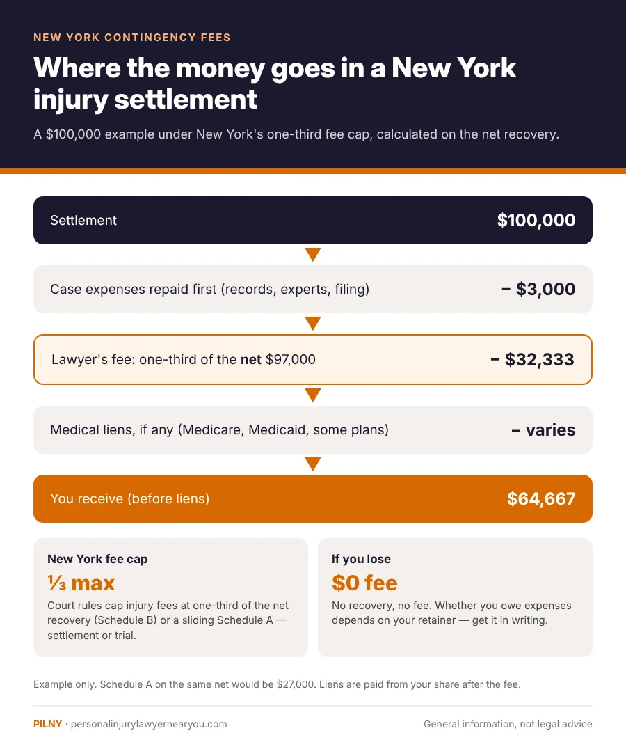 Where the money goes in a New York injury settlement: $100,000 settlement, $3,000 expenses, one-third fee on the net, liens, $64,667 to the client