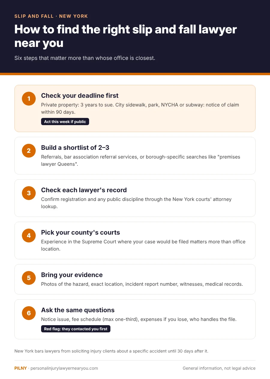 Six steps to find a slip and fall lawyer near you in New York, from checking the 90-day deadline to asking the same questions of each lawyer