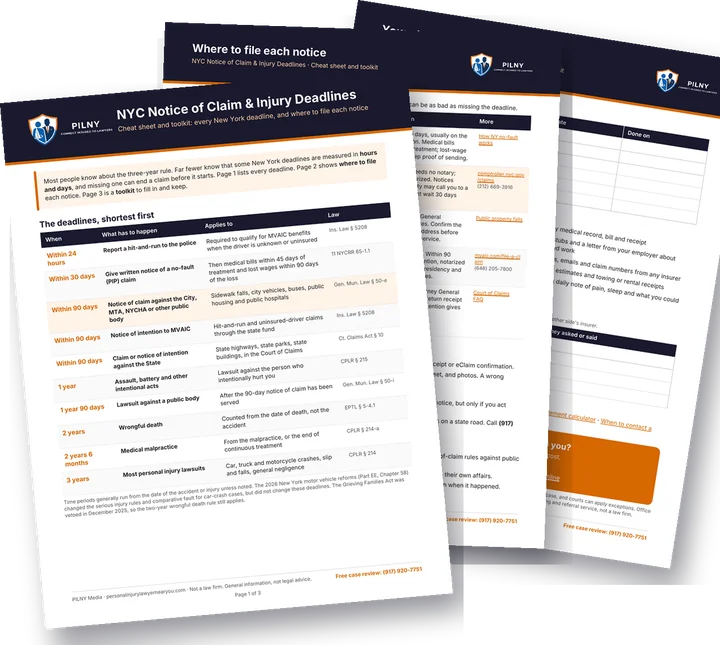NYC notice of claim and injury deadlines cheat sheet, three-page PDF preview
